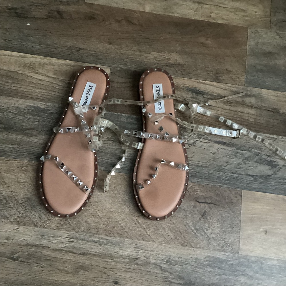 Steve Madden Clear Studded Lace-Up Sandals with Tan Footbed